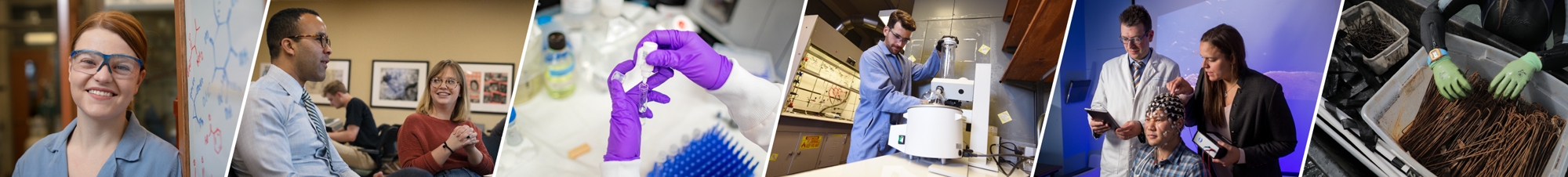 Multiple images of researchers working in the field. The first image a researcher in goggles smiling at the camera. The second image a professor and student talking. The third image is a detailed photo of two hands, in purple gloves, deal with lab equipment. The fourth image shows a researcher in the lab. The fifth image shows two researchers putting a web of sensors on a subjects head. The sixth image is a detailed photo of two gloves hands in a bin of rusted equipment used in marine research.