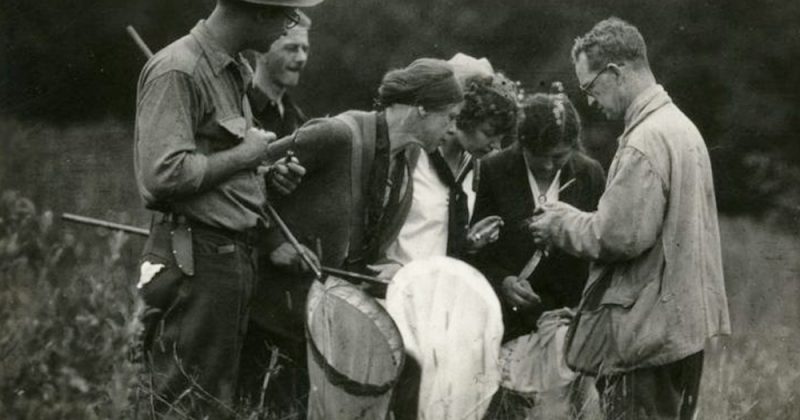 UNC zoologist Robert Coker (right) explains a research procedure to fellow scientists while out in the field, circa 1940s. Coker became the first director of the Institute for Fisheries Research, better known today as the UNC Institute of Marine Sciences, in 1947. Photo courtesy of the UNC Institute of Marine Sciences.