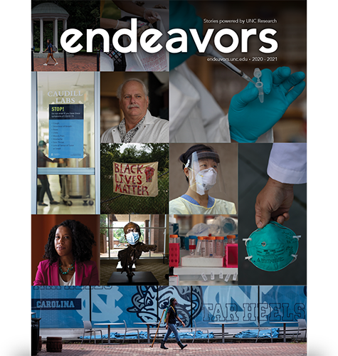 Endeavors 2020-2021 magazine cover, featuring a montage of researchers, many wearing masks