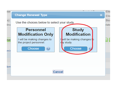 Screen capture with “Study Modification” box outlined.