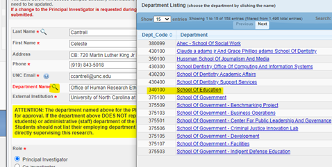 Image: A screen capture of the IRBIS application. The magnifying glass next to Department Name is highlighted. A new window labeled Department Listing shows the School of Education higlighted.