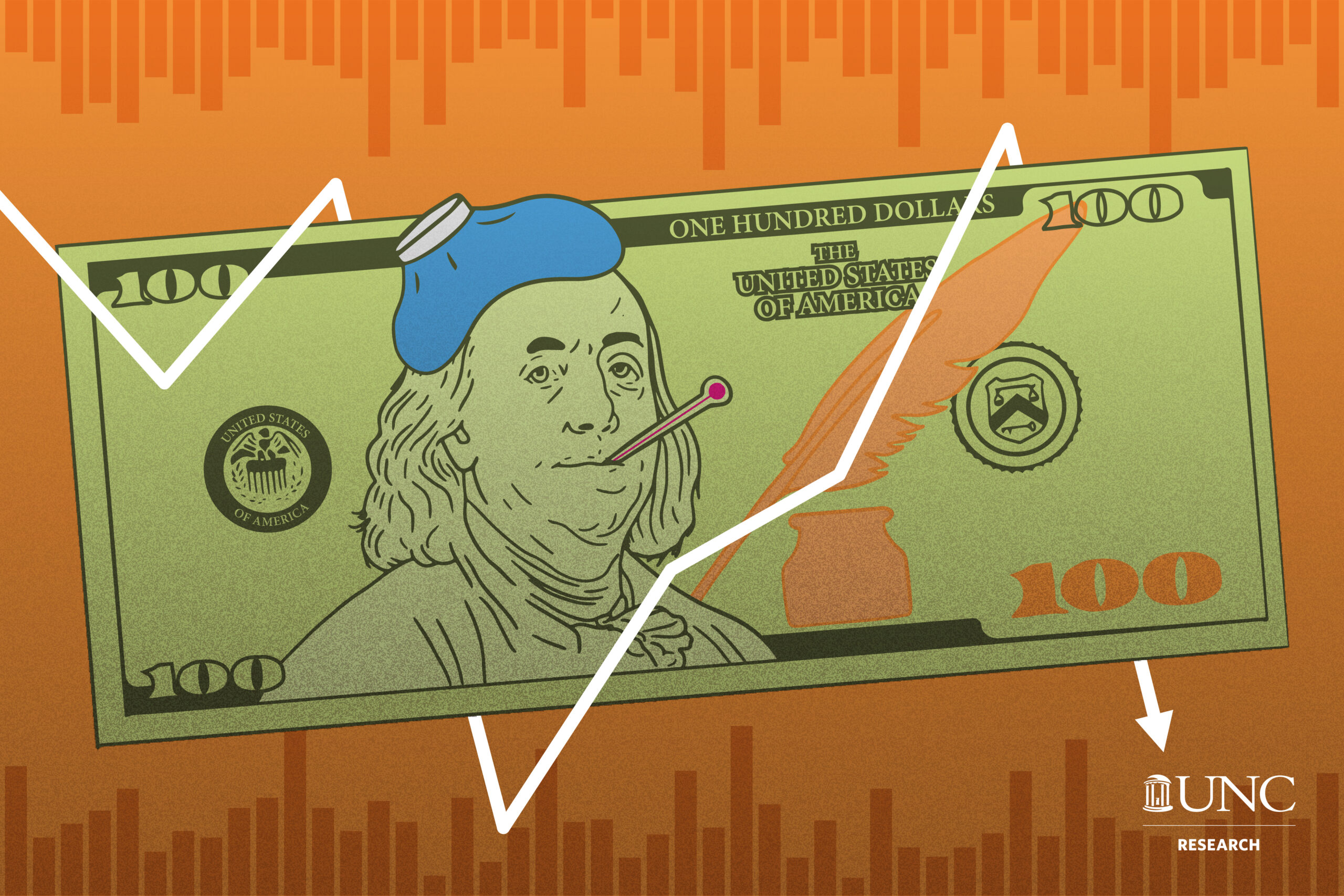 a graphic of a $100 where Ben Franklin has a thermometer in his mouth and an ice pack on his head