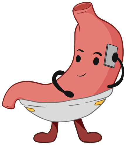 A cartoon stomach in a diaper holding a phone