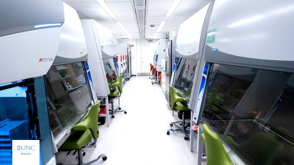 Photo of a UNC lab, with the "UNC Research" logo in the bottom left-hand corner.