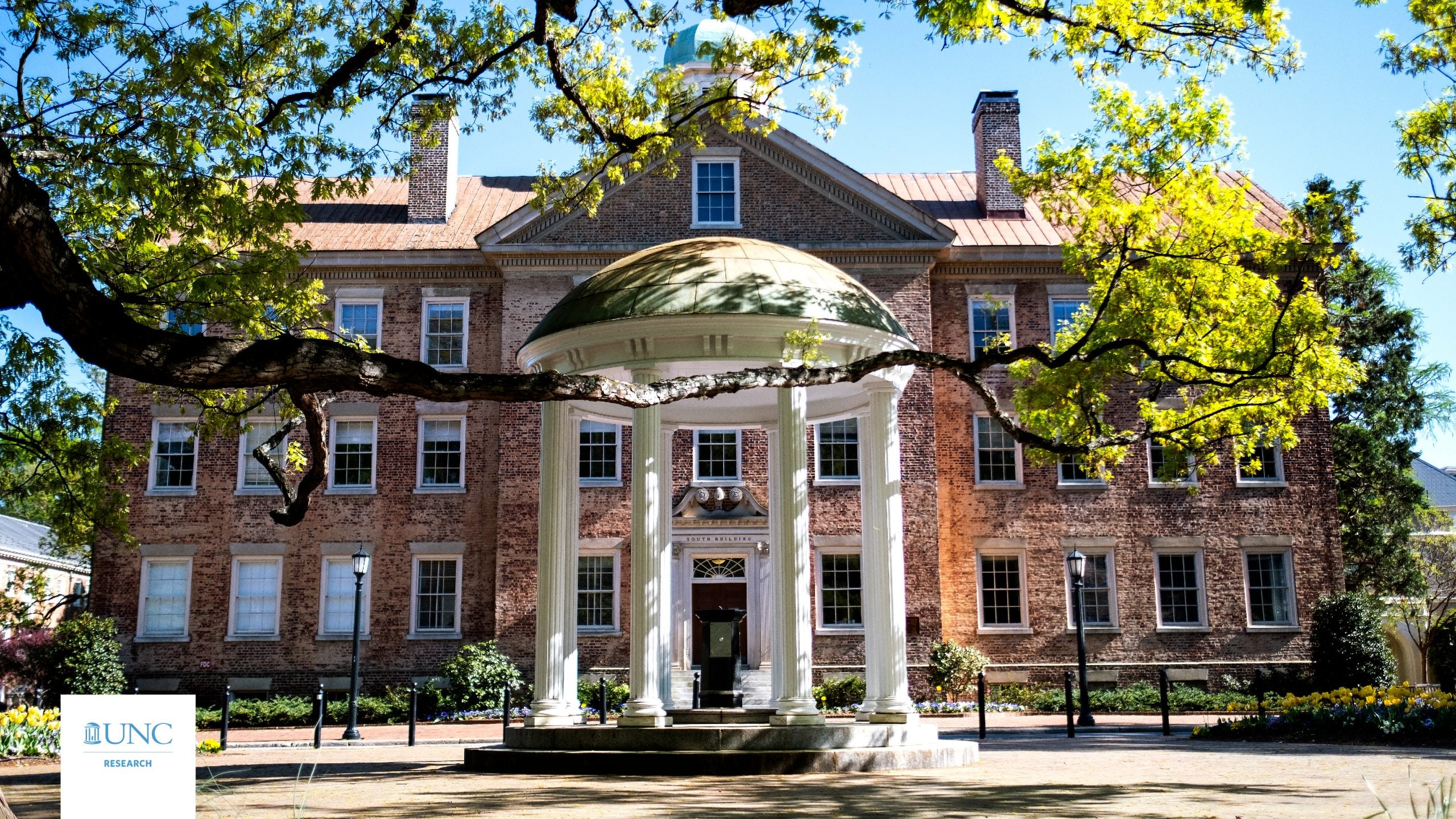 Zoom background showing the Old Well on a spring day with the "UNC Research" logo in the bottom left-hand corner.