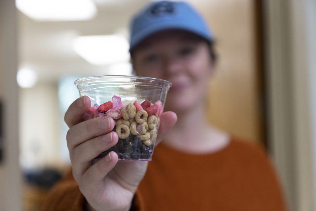 Someone holds a small dish of snacks out to the camera. The have three distinct layers of snacks. Chocolate chips, cheerios, and pink candies.