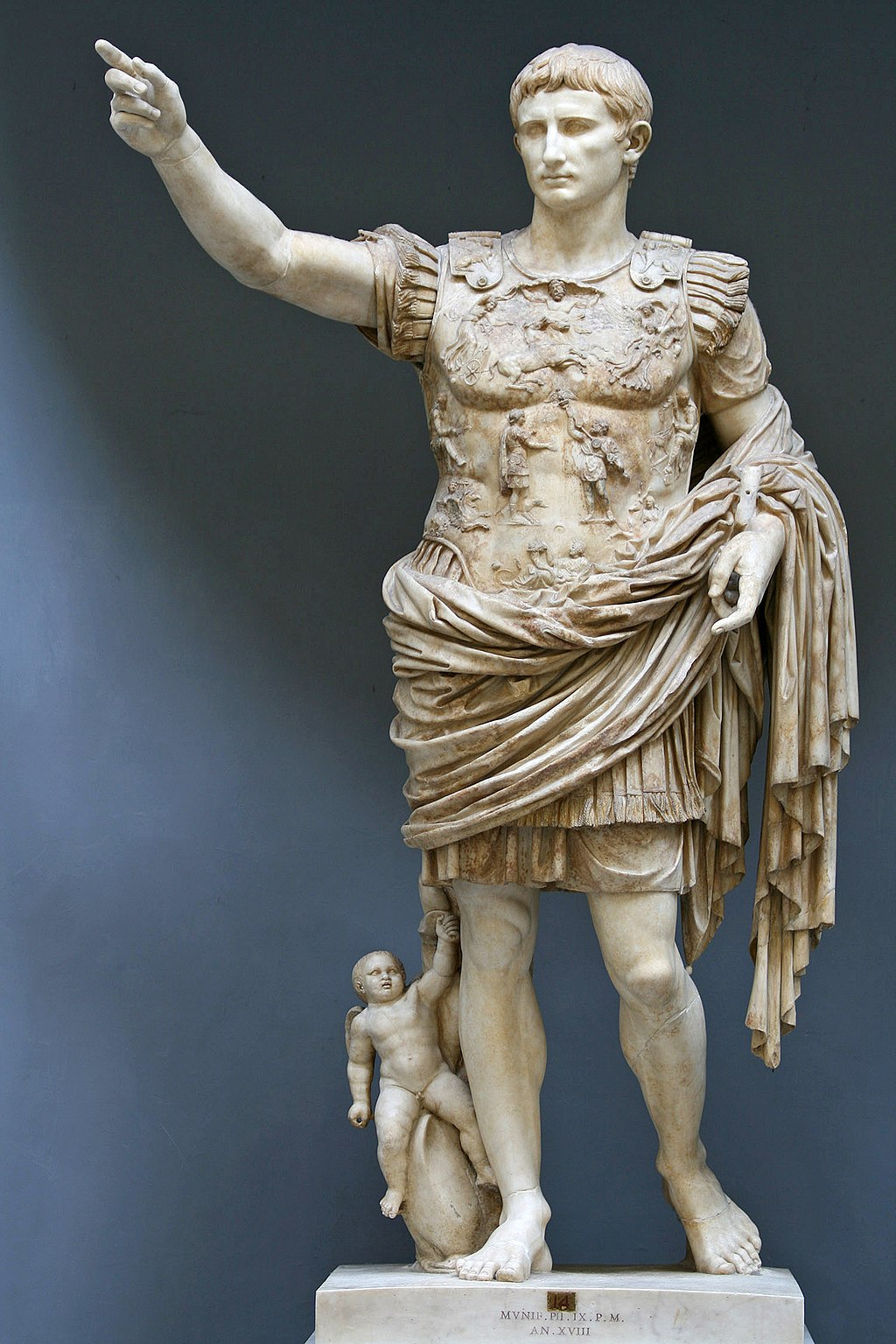 The famous statue Augustus of Prima Porta, featuring Cupid at his heels. 