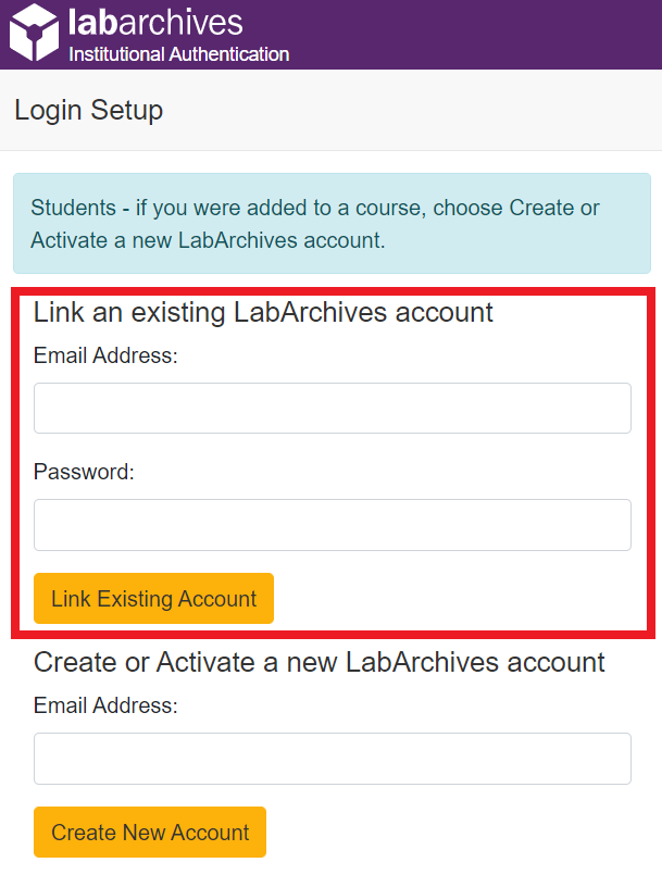 Screen capture: LabArchives institutional authentication. A red box calls out the “Link an existing LabArchives account” option with fields for email address and password.