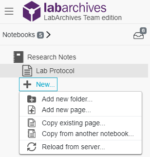 Screen capture: Under “Research Notes,” a drop-down menu descends from the “+ New” button. Options in the menu are: Add new folder, add new page, copy existing page, copy from another notebook, and reload from server.