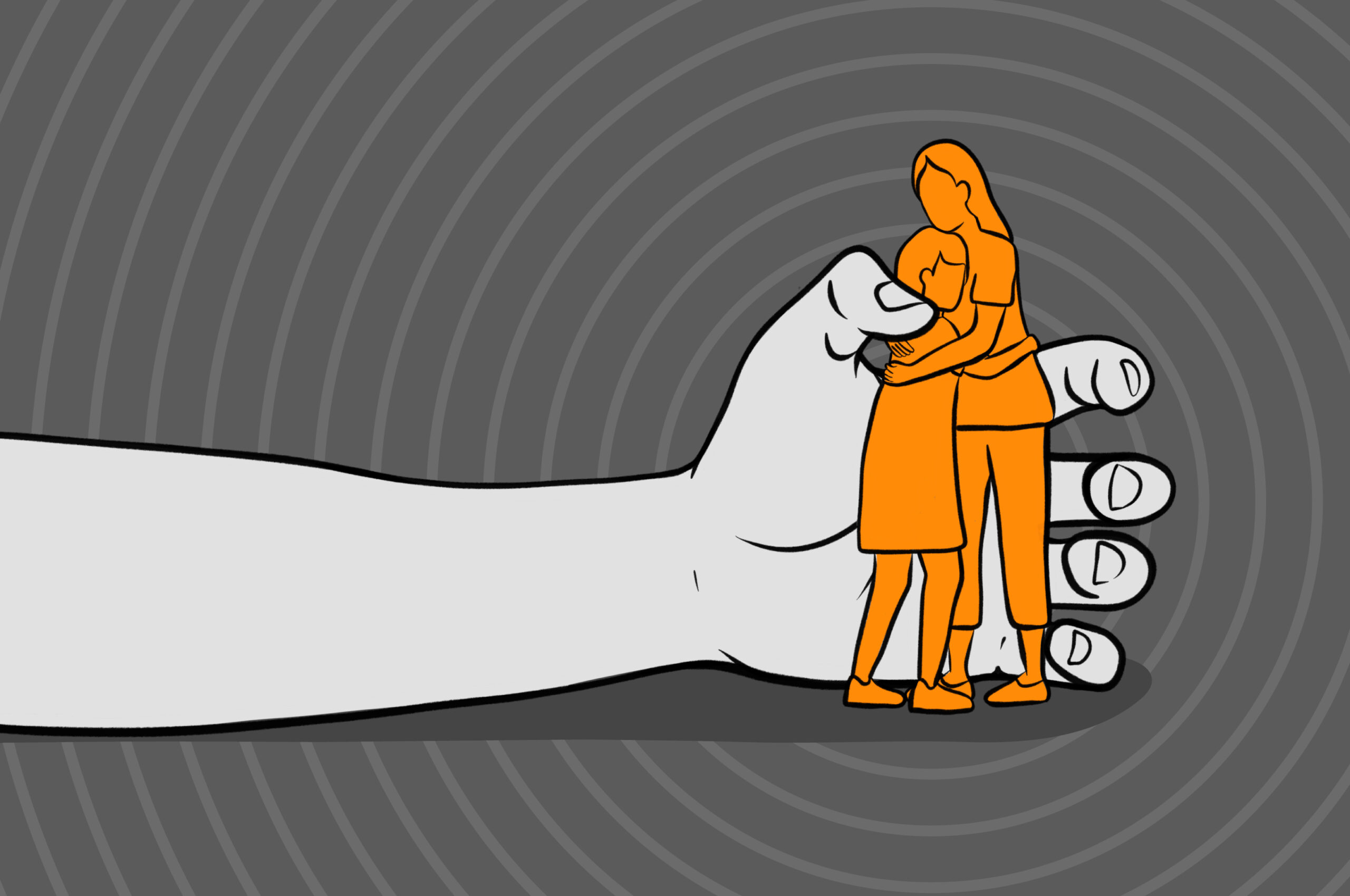 Illustration of a giant hand grabbing a frightened woman and child