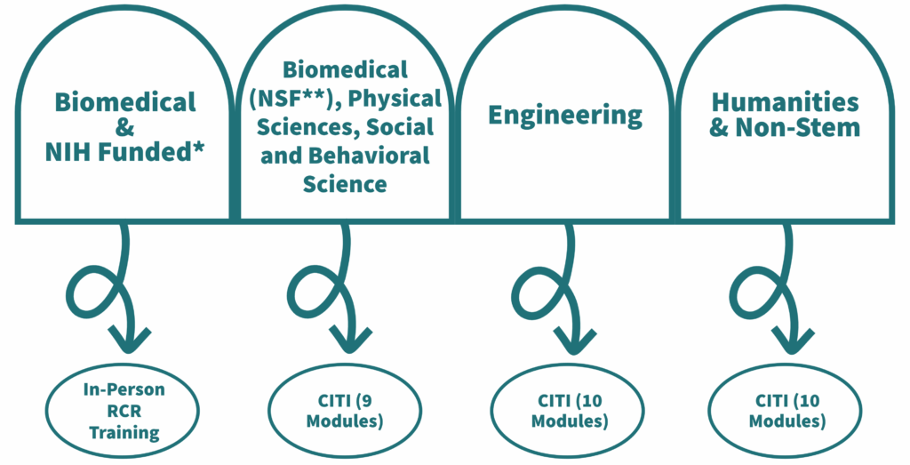 Biomedical & NIH Funded*: In-Person RCR Training.
Biomedical (NSF**), Physical Sciences, Social and Behavioral Science: CITI (9 Modules).
Engineering: CITI (10 modules).
Humanities & Non-Stem: CITI (10 Modules).