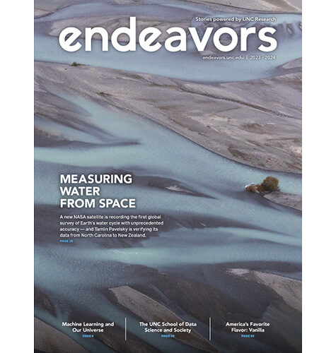 Endeavors 2023-2024 magazine cover, featuring an aerial photo of the Waimakariri River in New Zealand