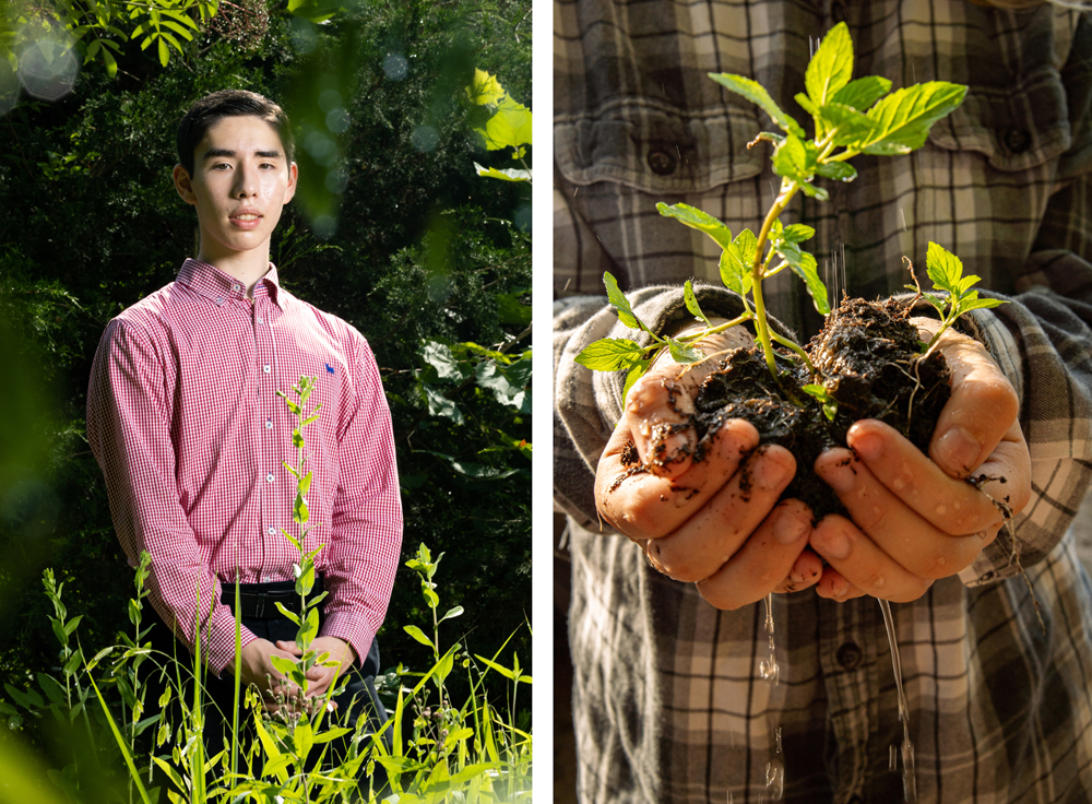Samuel Kornylak and a pair of hands holding a plant