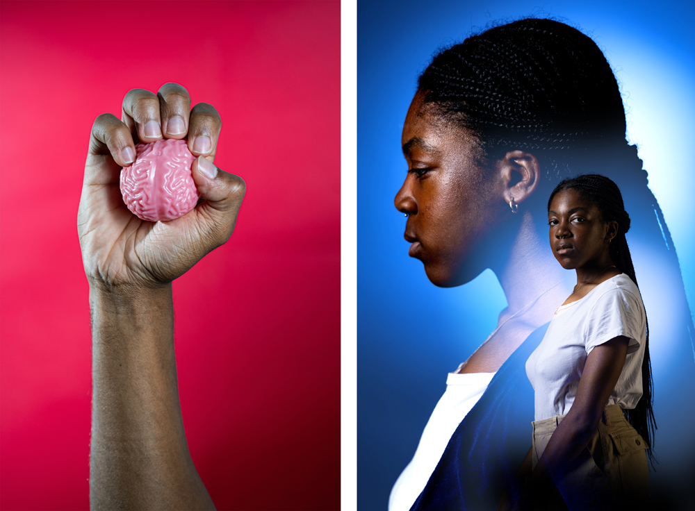 a hand squeezes a fake brain and Stephanie Forlemu