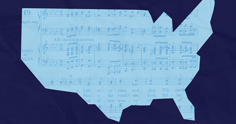 A map of the U.S. with music notes on it.
