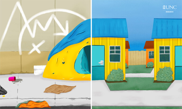 an illustration of a homeless environment on the left and a home environment on the right
