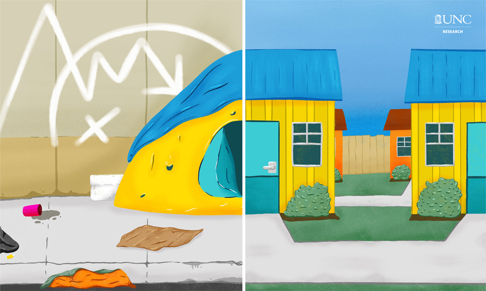 an illustration of a homeless environment on the left and a home environment on the right