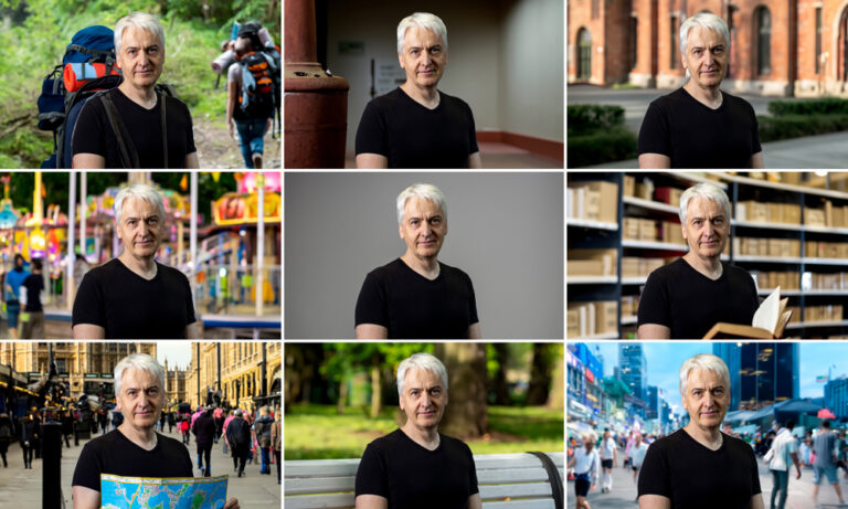 Nine photos of Thomas Hofweber with a variety of backgrounds generated by Photoshop's generative AI feature