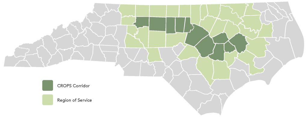 Map of North Carolina showing proposed Agricultural Tech Innovation Corridor