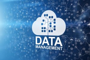 A blue graphic that says data management