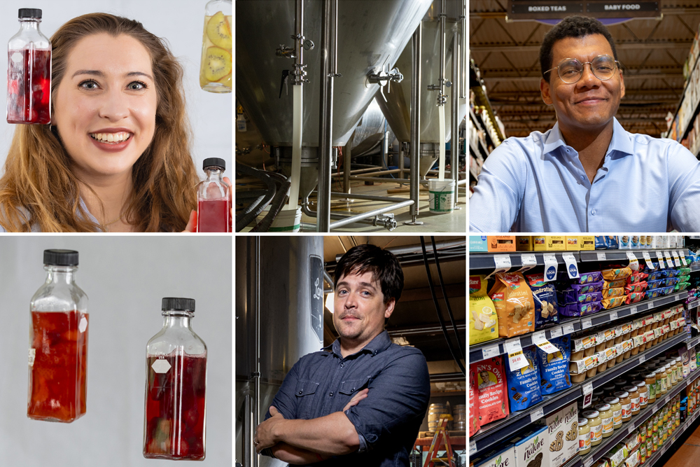 Rachel DuMez-Kornegay, a vat of beer, Emile Charles, kombucha bottles, Justin Nolan, a grocery store shelf full of food