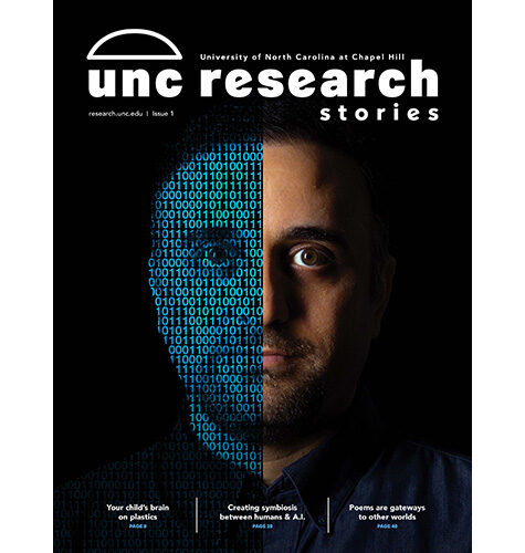 UNC Research Stories 2024-2025 magazine cover, featuring a photo illustration of A.I. researcher Mohammad Jarrahi with half of his face replaced with blue ones and zeroes