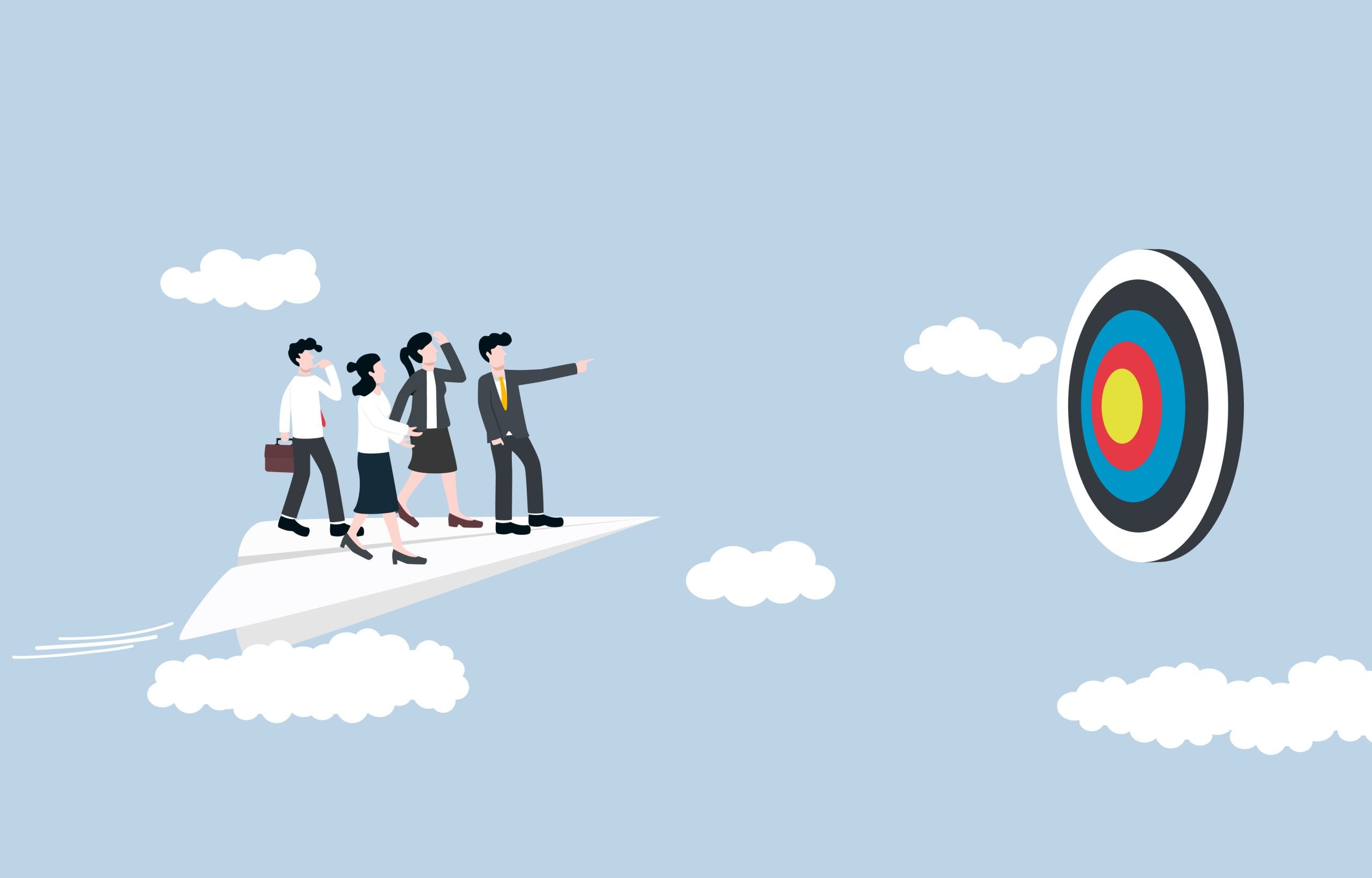 Leadership to reach target, team guidance to work in right direction, mentorship concept, Businessman manager on paper plane leading employees to big target