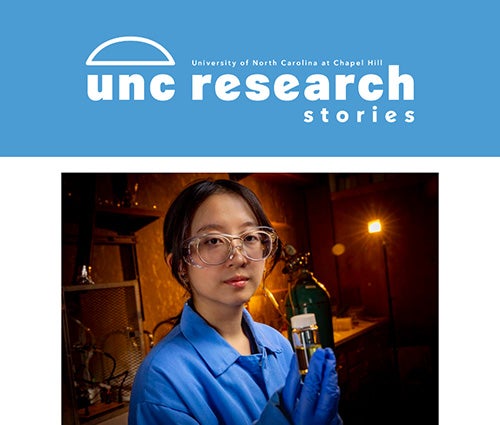 Screen capture of the nameplate and lead photo of the UNC Research Stories newsletter.