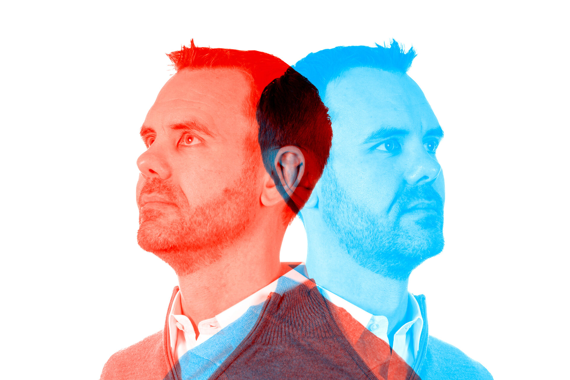 Two images of Kurt Gray: one red and one blue