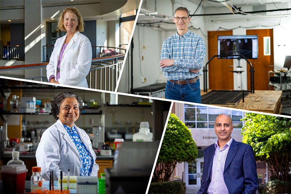 a grid of four photos featuring four researchers in their workspaces