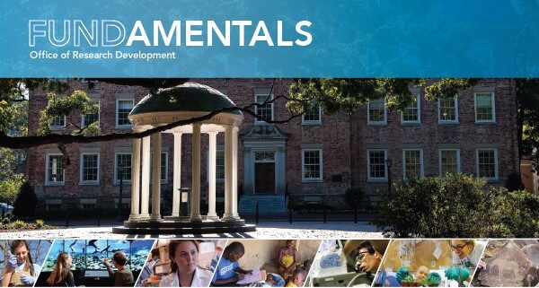 FUNDamentals: Office of Research Development. A photo of Carolinaʼs Old Well and a montage of researchers at work.