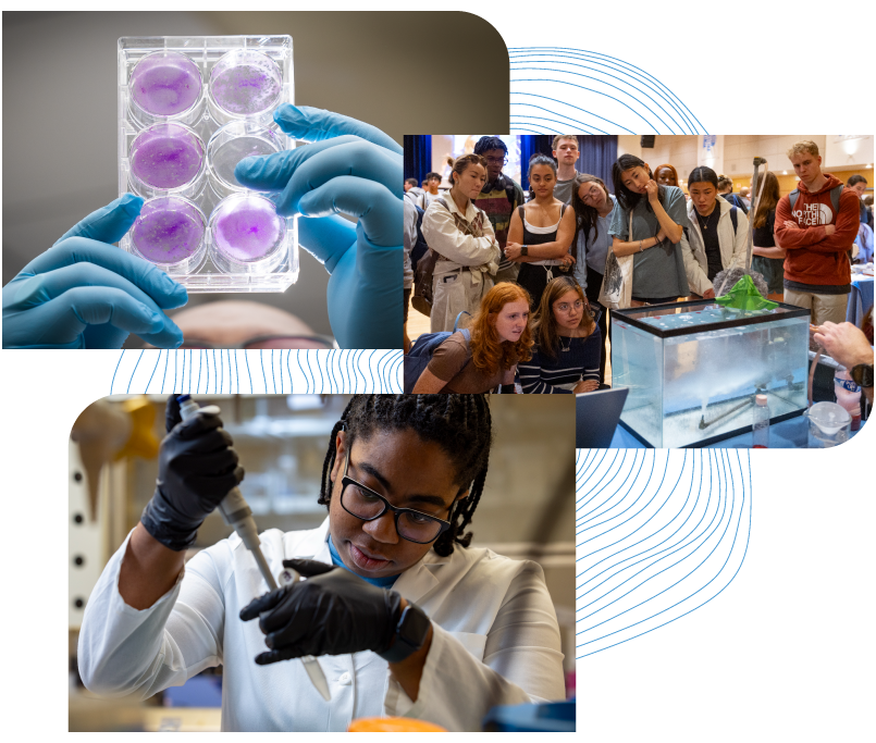 multiple images. One image shows a researcher pipetting, another shows students gathering around a research demonstration, and the last one is a researcher holding up a slide of samples.