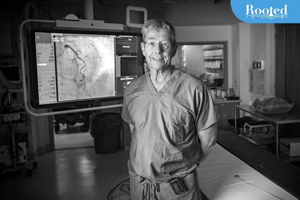 Black and white photo of Rick Stouffer in an emergency room.
