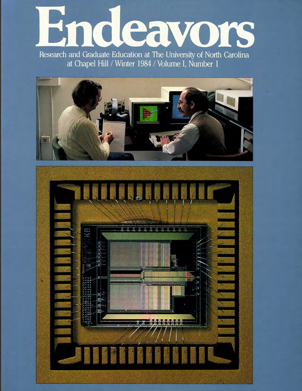 The first issue of Endeavors magazine, published Winter 1984, featuring a photo of two men seated in front of a computer and a close-up image of a microchip.