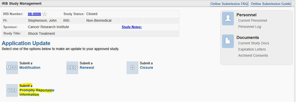 IRBIS screenshot highlighting the button labeled "submit a promptly reportable information"