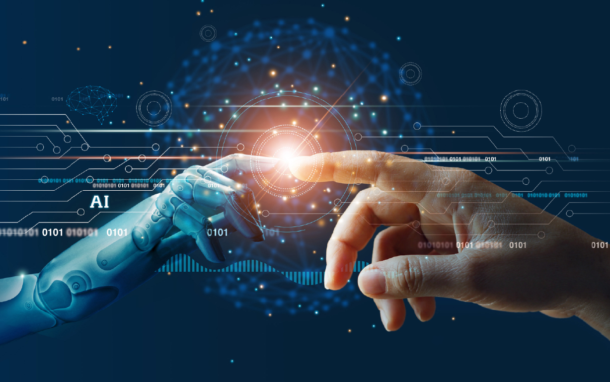 Illustration of human and robotic hands touching index fingers, recalling Michaelangelo's painting of God and Adam on the Sistine Chapel ceiling.