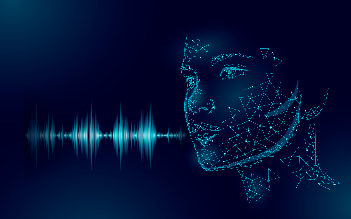 AI-generated illustration featuring a face made of blue triangles seemingly speaking a blue sound wave.