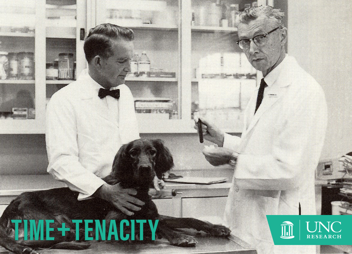 Photo Courtesy of Kenneth Brinkhous (right) began studying the first known canine carriers of hemophilia in 1947. His research with dogs led to the creation of a blood laboratory, known today as the Francis Owen Blood Research Laboratory — which led to multiple advancements in hemophilia including a blood test, treatments, and knowledge of the disease.