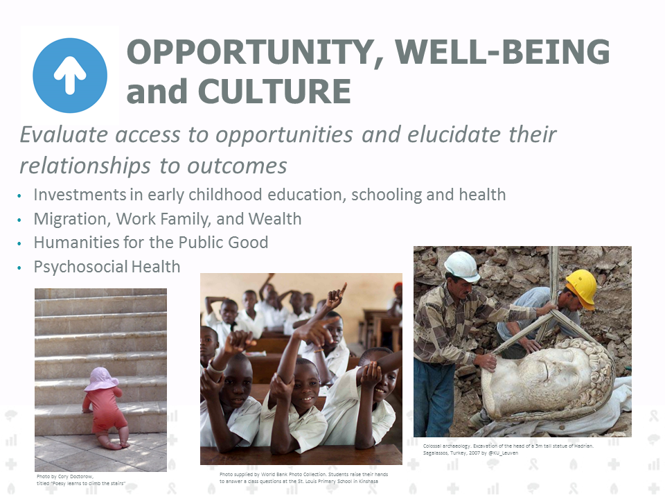 Evaluate access to opportunities and elucidate their relationships to outcomes. Investments in early childhood education, schooling and health. Migration, Work Family, and Wealth. Humanities for the Public Good. Psychosocial Health.