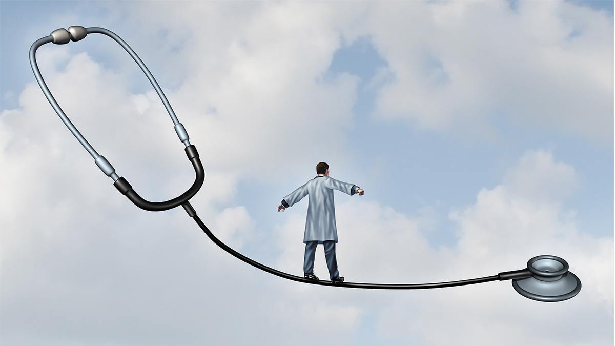 an illustration of a doctor walking along a tightrope shaped like a stethoscope
