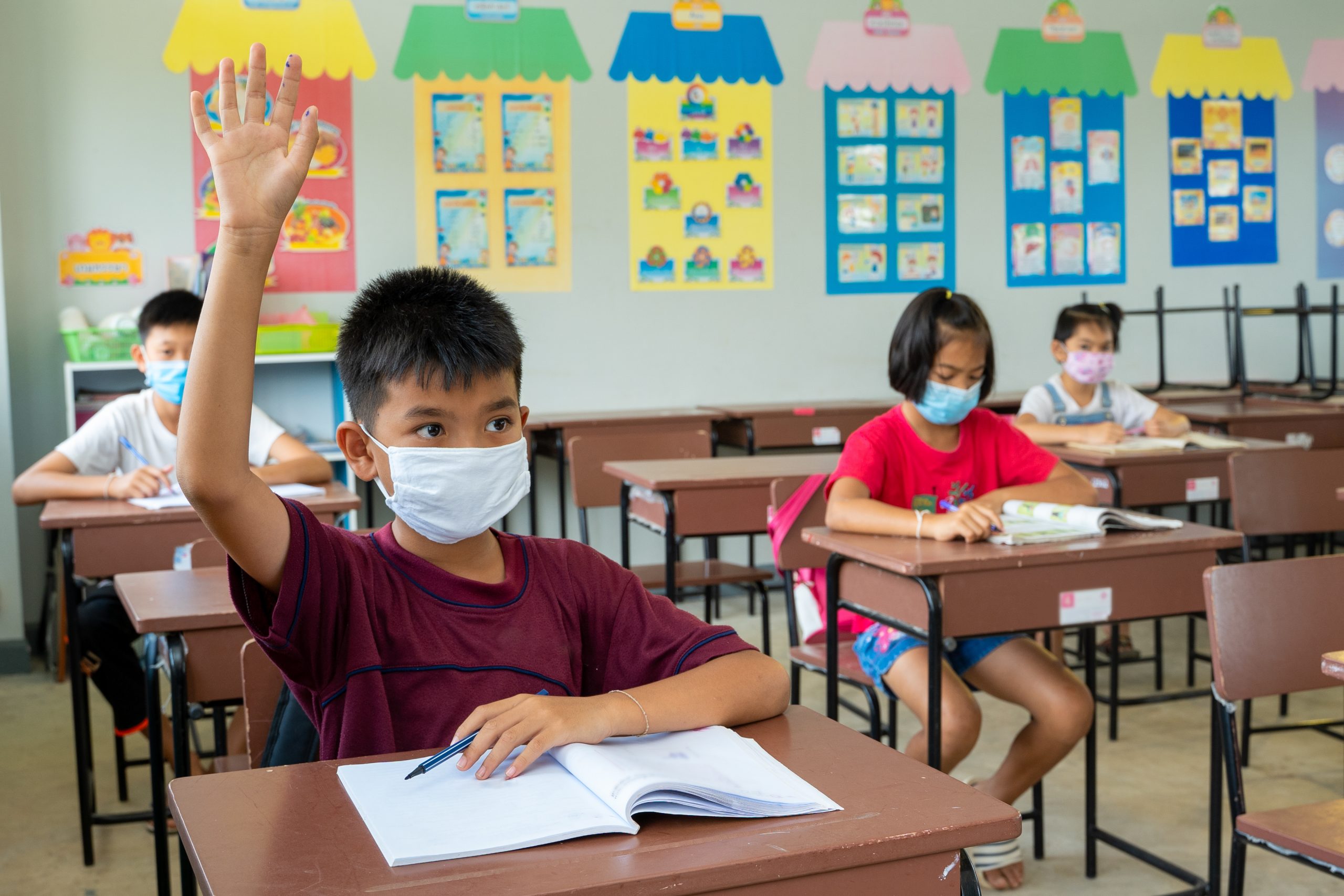 School kids wearing protective mask to Protect Against Covid-19