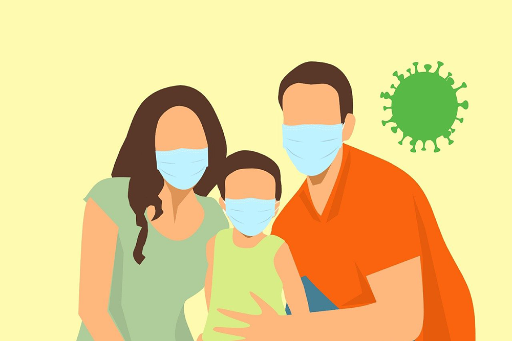 Illustration of parents and child with medical masks on
