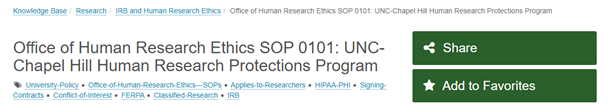 Screen capture: The SOP 0101 page from the UNC Policies website, with the “Add to Favorites” button shown.
