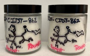 Jars of solid compound obtained during the scale-up process of catalyst recycling