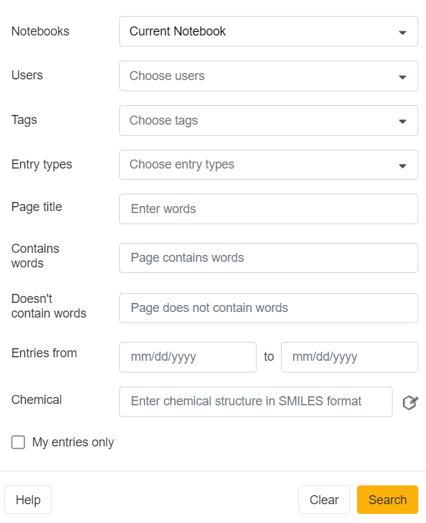 Screen capture: Advanced search options. Drop-down menus allow you to narrow a search based on notebook, user, tags, or entry types. Text-based fields allow you to search page title, contains words, doesnʼt contain words, entry date, and chemical structure.