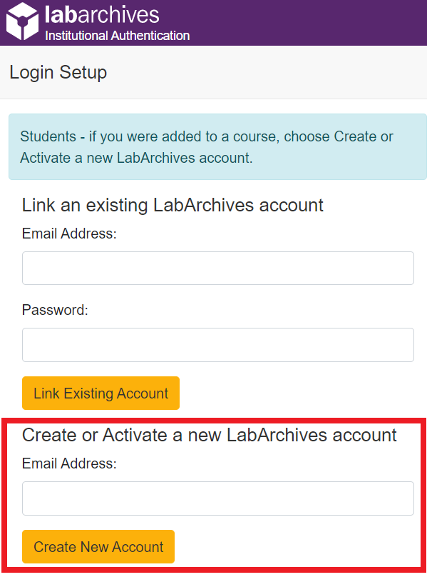 Screen capture: LabArchives institutional authentication. A red box calls out the “Create or Activate a new LabArchives account” option with a field for email address.