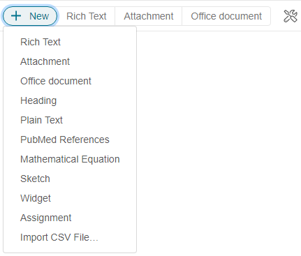 Screen capture: A dropdown menu descends from the “+ New” button. Options in the menu are: Rich text, attachment, Office document, heading, plain text, PubMed references, mathematical equation, sketch, widget, assignment, and import CSV file.