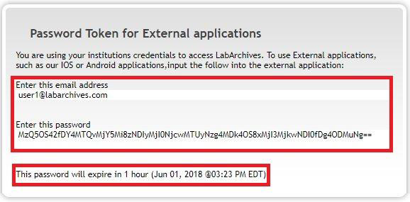 Screen capture: Password Token for External Applications. Red boxes call out the email address, password, and password expiration fields.