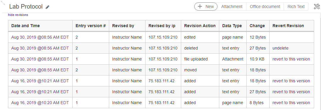 Screen capture: A sample lab protocol revision history table showing dates, entry versions, revision authors, IP addresses, actions, data types, change size in bytes, and options to revert revision.