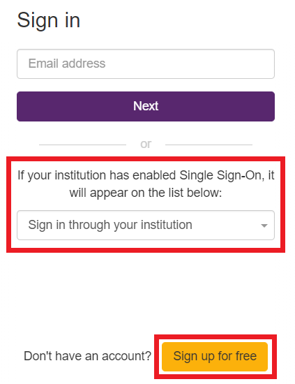 Screen capture: Sign In dialogue. Red boxes call out “If your institution has enabled Single Sign-On, it will appear in the list below,” as well as a “Sign up for free” button.